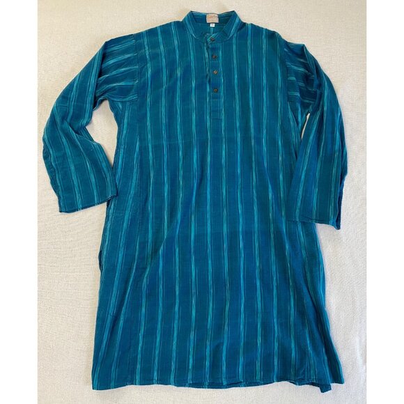 Prabartana Men's Punjabi Kurta 100% Cotton Hand Loomed Blue Teal Striped Tunic - Picture 6 of 12